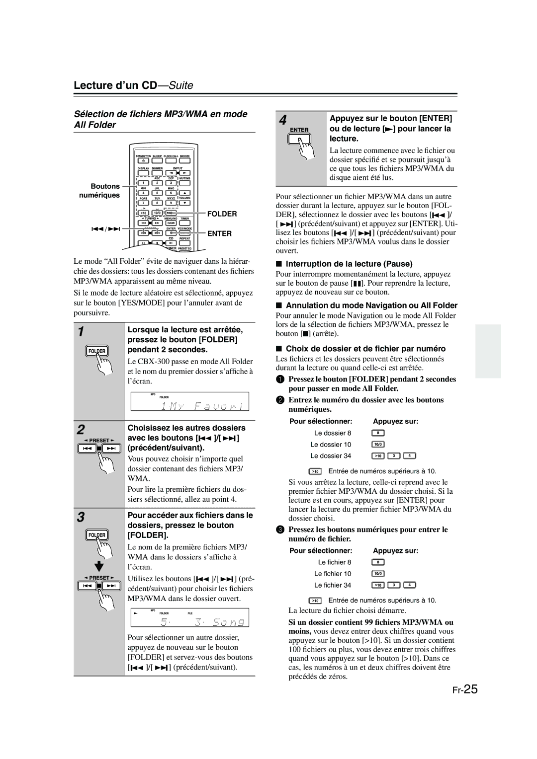 Onkyo CBX-300 instruction manual Sélection de ﬁchiers MP3/WMA en mode All Folder 