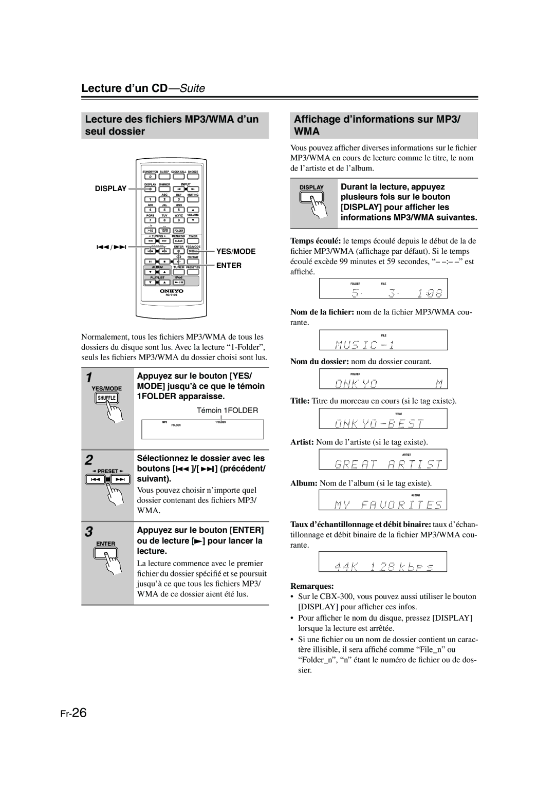 Onkyo CBX-300 instruction manual Lecture des ﬁchiers MP3/WMA d’un seul dossier, Afﬁchage d’informations sur MP3 