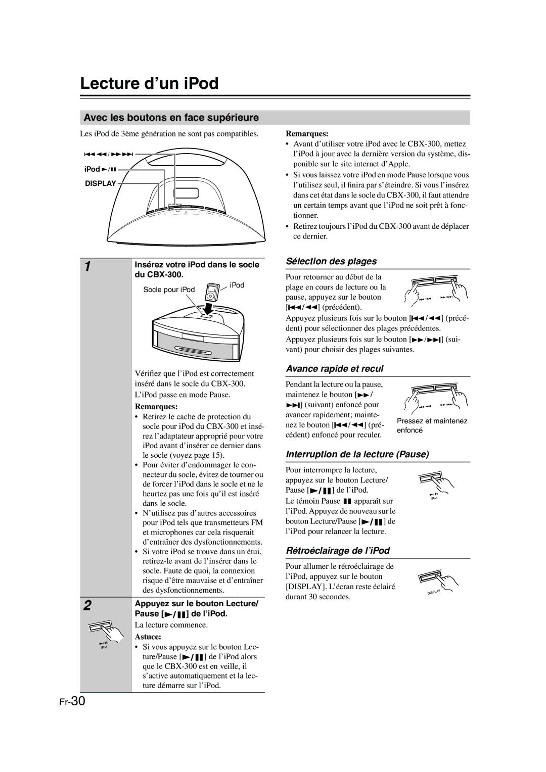 Onkyo CBX-300 Lecture d’un iPod, Avec les boutons en face supérieure, Sélection des plages, Rétroéclairage de l’iPod 