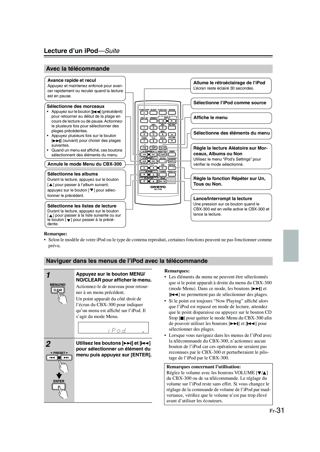 Onkyo CBX-300 Lecture d’un iPod-Suite, Avec la télécommande, Naviguer dans les menus de l’iPod avec la télécommande 