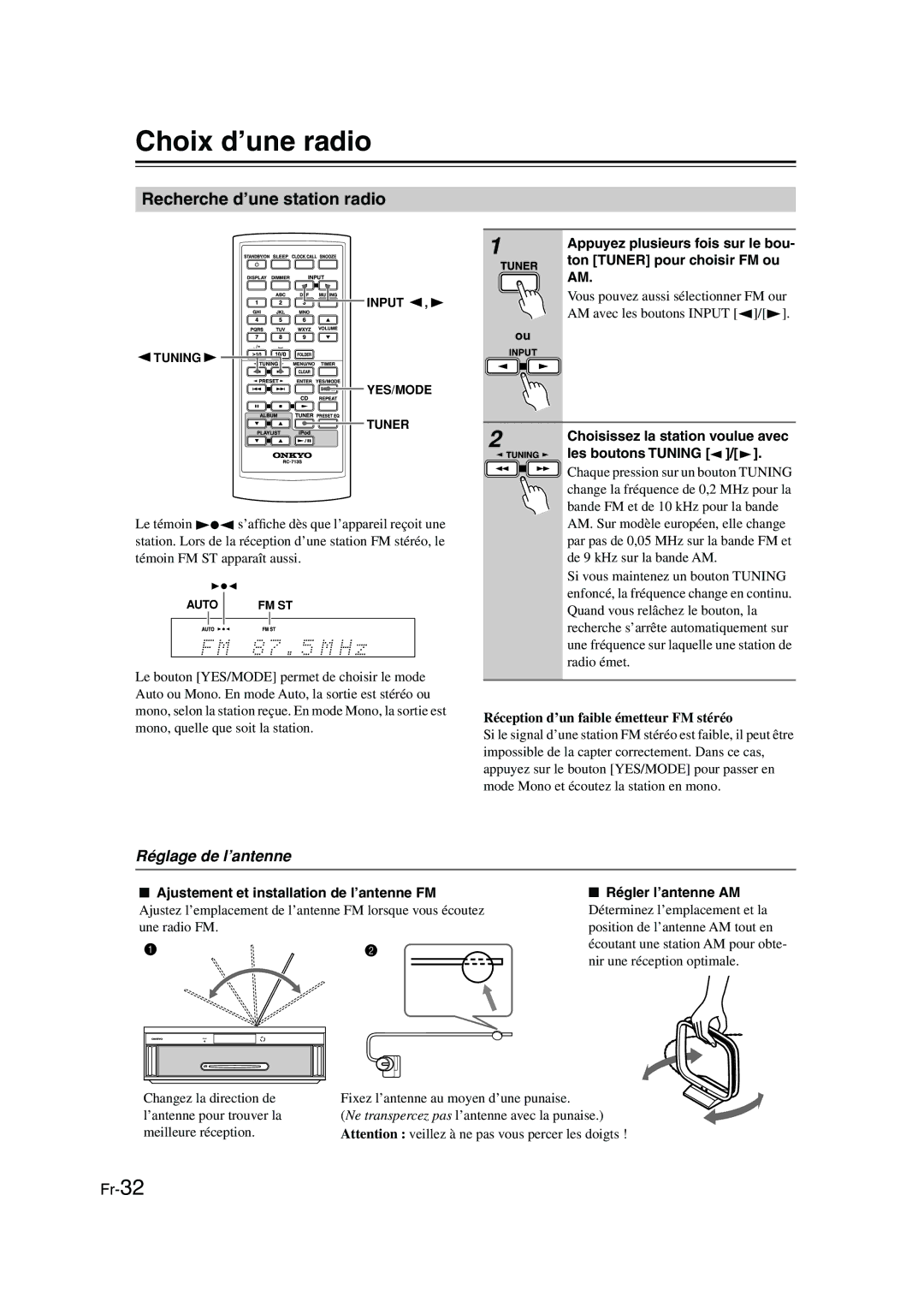 Onkyo CBX-300 instruction manual Choix d’une radio, Recherche d’une station radio, Réglage de l’antenne 