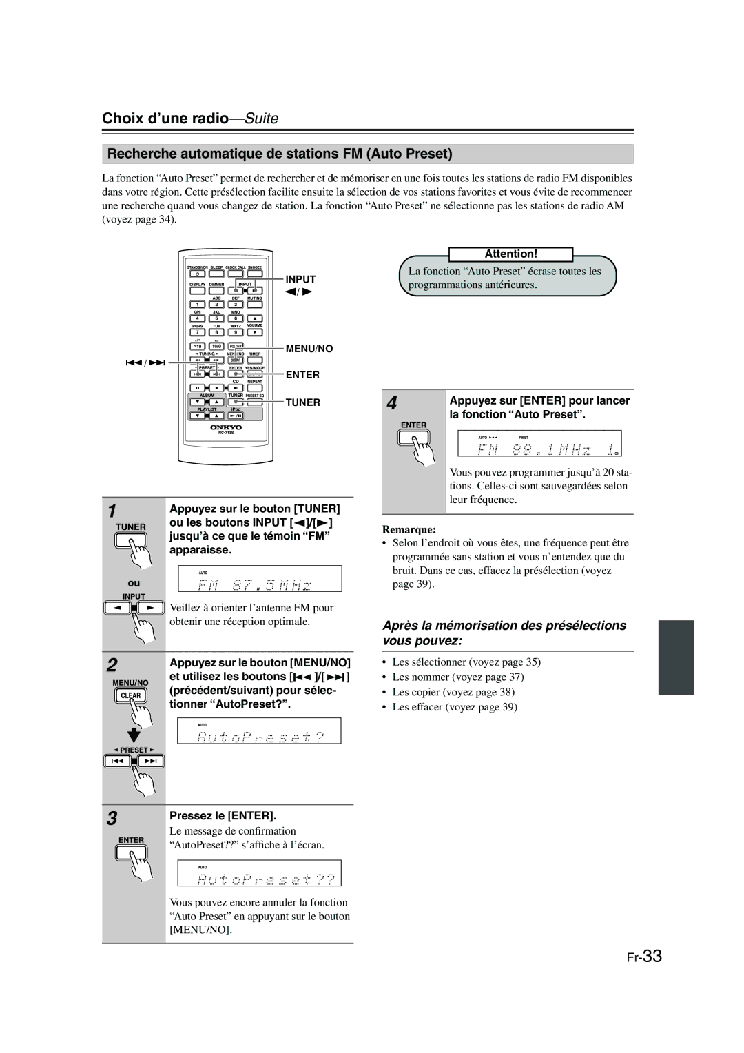 Onkyo CBX-300 instruction manual Choix d’une radio-Suite, Recherche automatique de stations FM Auto Preset 