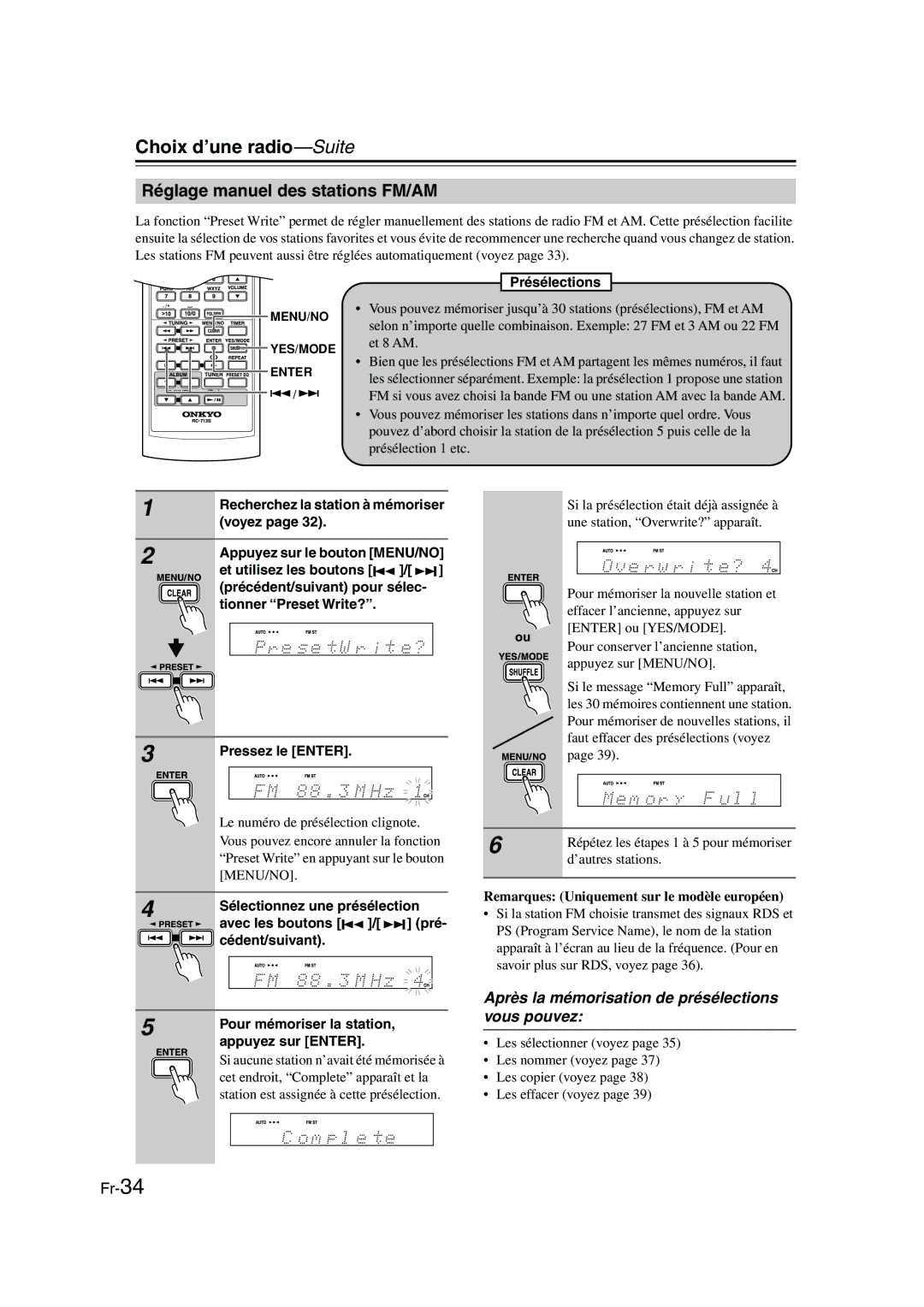 Onkyo CBX-300 Réglage manuel des stations FM/AM, Après la mémorisation de présélections vous pouvez, Présélections 