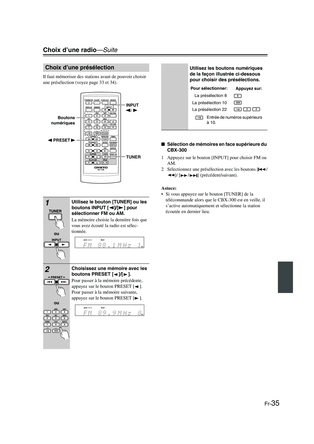 Onkyo CBX-300 instruction manual Choix d’une présélection 