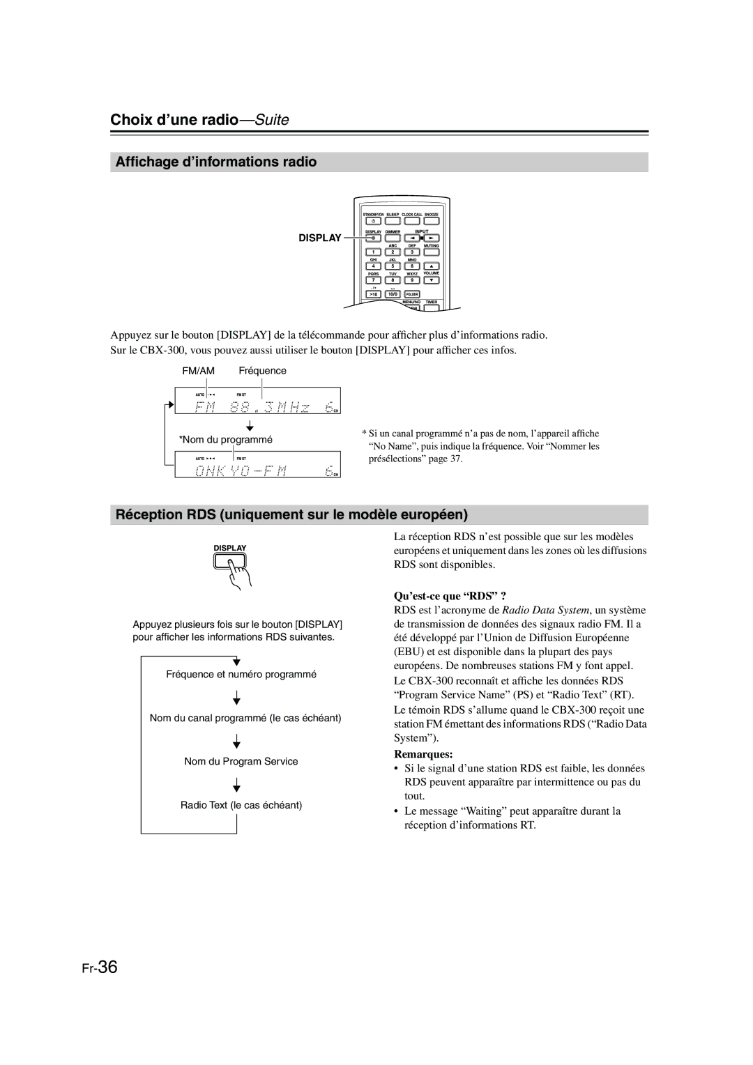 Onkyo CBX-300 Afﬁchage d’informations radio, Réception RDS uniquement sur le modèle européen, Qu’est-ce que RDS ? 