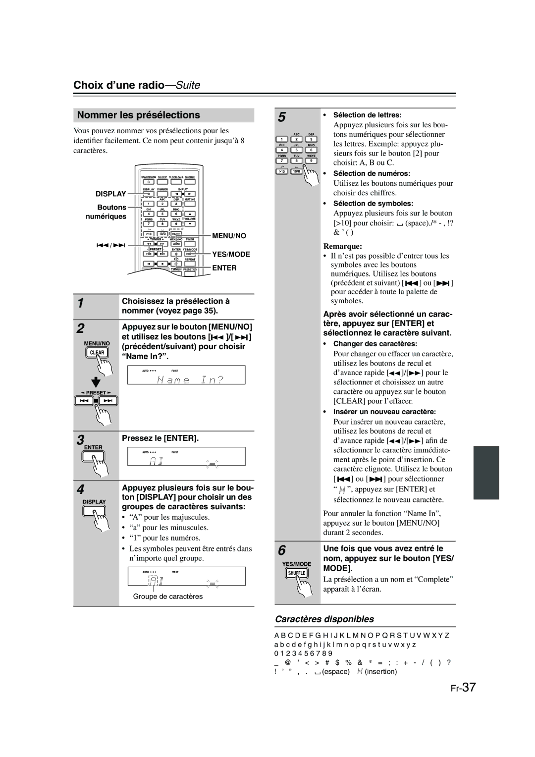 Onkyo CBX-300 instruction manual Nommer les présélections, Caractères disponibles, Une fois que vous avez entré le 