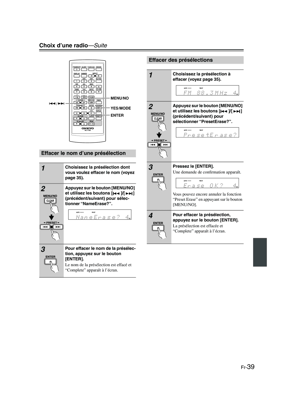 Onkyo CBX-300 instruction manual Effacer des présélections, Effacer le nom d’une présélection, Tion, appuyez sur le bouton 