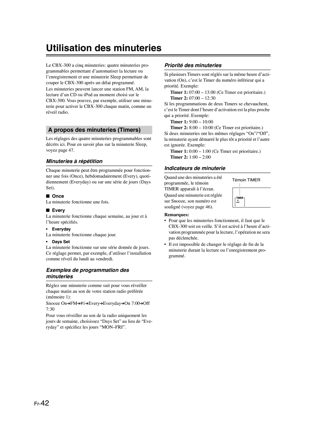 Onkyo CBX-300 instruction manual Utilisation des minuteries, Propos des minuteries Timers 