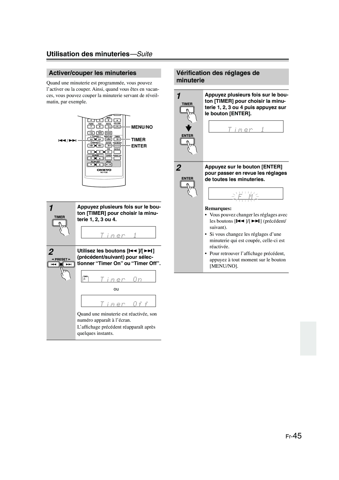 Onkyo CBX-300 instruction manual Activer/couper les minuteries, Vériﬁcation des réglages de minuterie, Terie 1, 2, 3 ou 