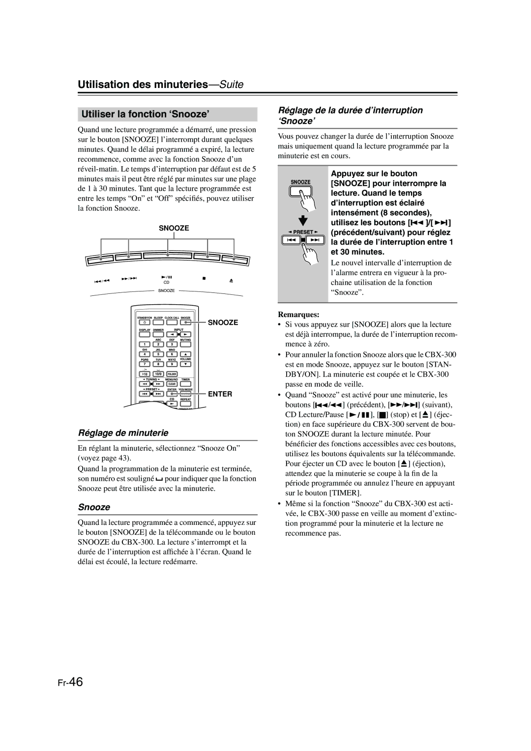 Onkyo CBX-300 Utiliser la fonction ‘Snooze’, Réglage de minuterie, Réglage de la durée d’interruption ‘Snooze’ 