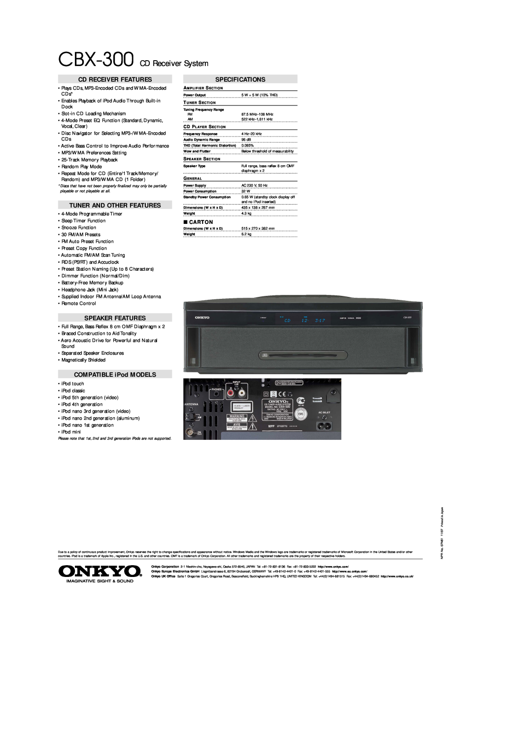 Onkyo CBX-300 CD Receiver System, Cd Receiver Features, Tuner And Other Features, Speaker Features, Specifications 