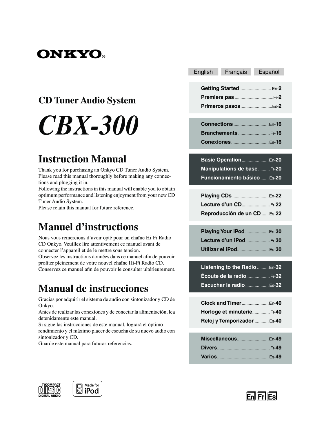 Onkyo CBX-300 instruction manual English, Français, Español, Manipulations de base, Funcionamiento básico, EnFr Es 