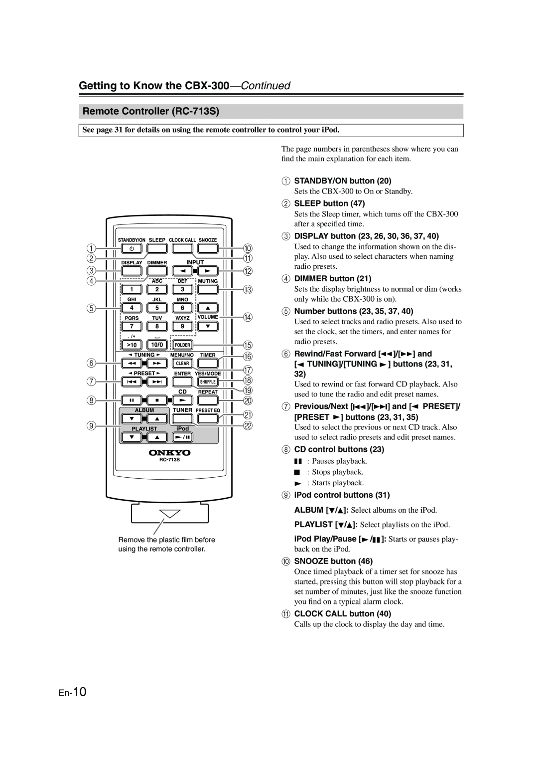 Onkyo instruction manual Remote Controller RC-713S, Getting to Know the CBX-300—Continued 