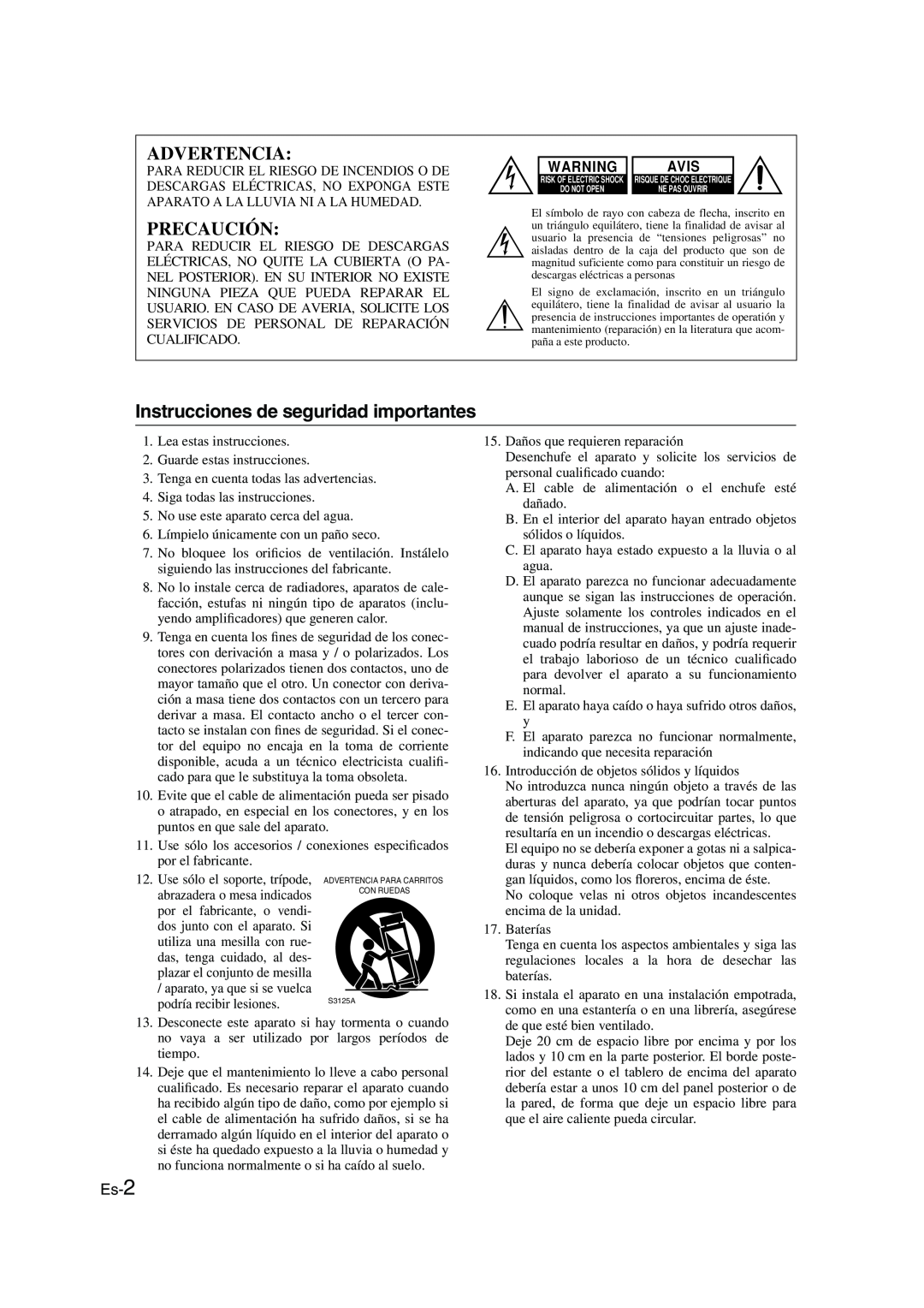 Onkyo CBX-300 instruction manual Advertencia, Precaución, Instrucciones de seguridad importantes, Es-2, Avis 