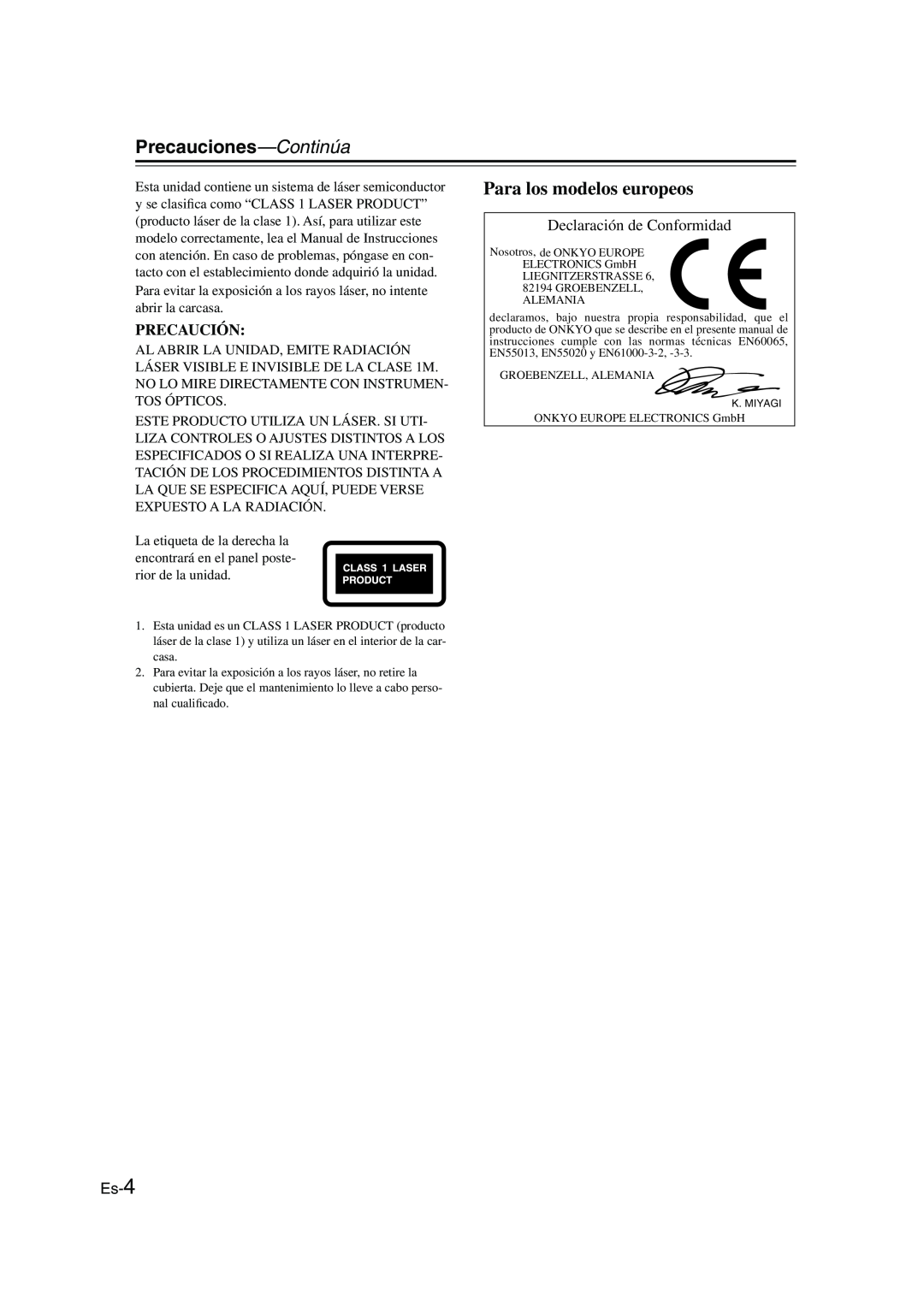 Onkyo CBX-300 Precauciones—Continúa, Para los modelos europeos, Declaración de Conformidad, Precaución, Es-4 