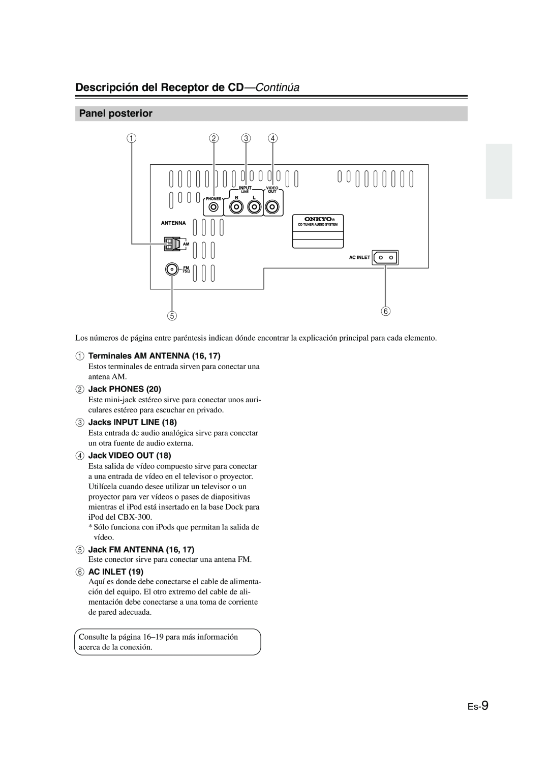 Onkyo CBX-300 instruction manual Panel posterior, Es-9, Descripción del Receptor de CD—Continúa 