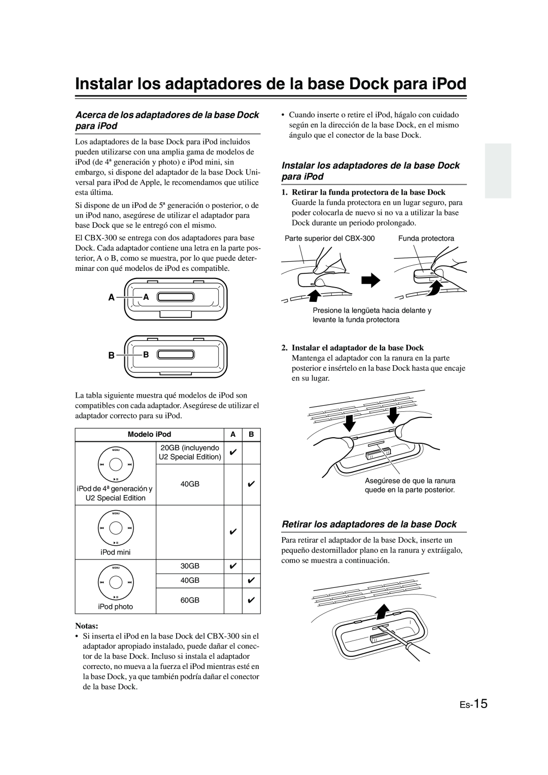Onkyo CBX-300 instruction manual Retirar los adaptadores de la base Dock, Es-15, A A B B, Notas 