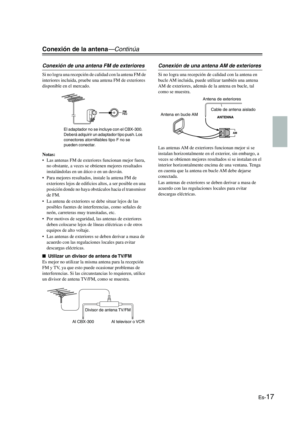 Onkyo CBX-300 instruction manual Conexión de la antena—Continúa, Conexión de una antena FM de exteriores, Es-17, Notas 