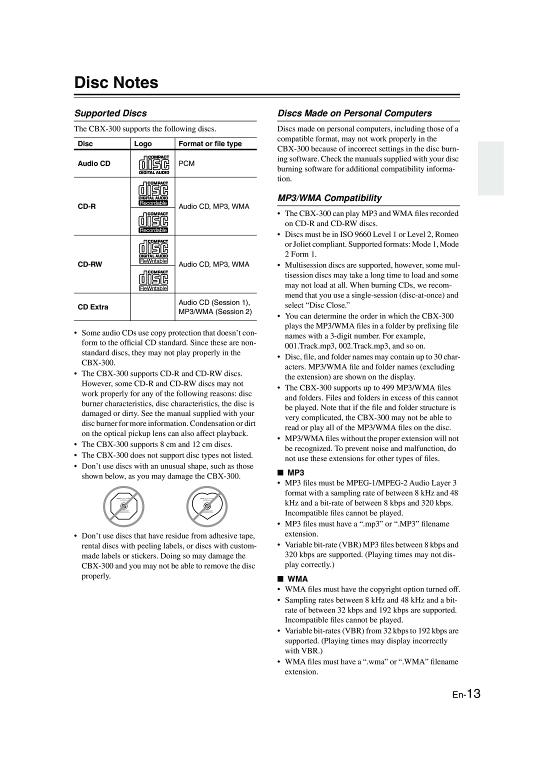 Onkyo CBX-300 Disc Notes, Supported Discs, Discs Made on Personal Computers, MP3/WMA Compatibility, En-13 