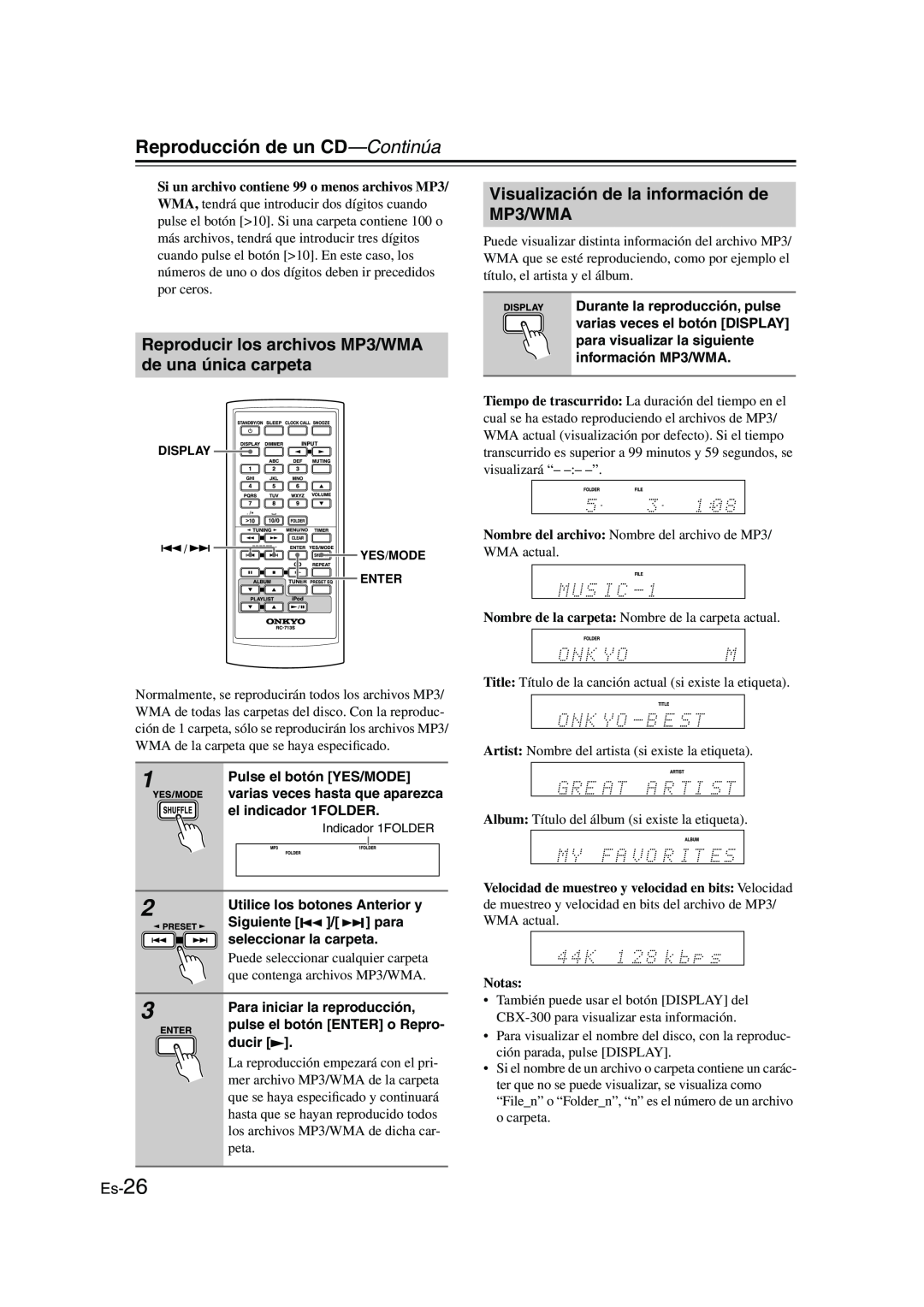 Onkyo CBX-300 instruction manual Visualización de la información de MP3/WMA, Es-26, Reproducción de un CD-Continúa, Notas 