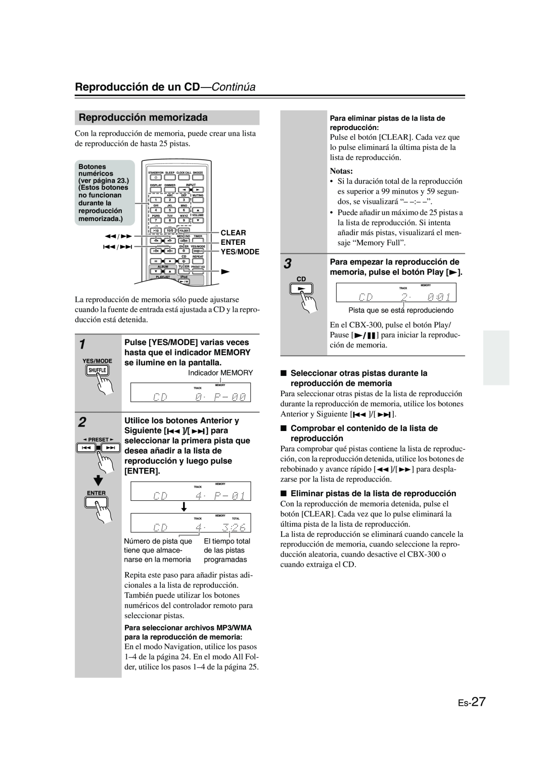 Onkyo CBX-300 instruction manual Reproducción memorizada, Es-27, Reproducción de un CD—Continúa, Notas 