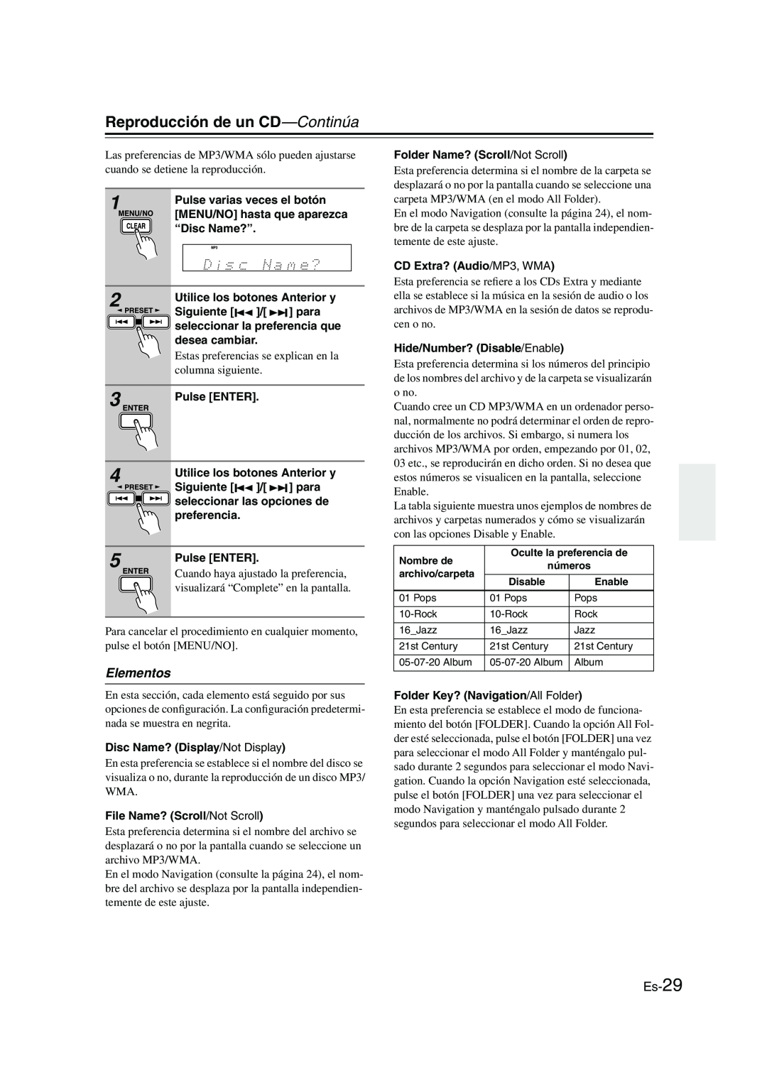 Onkyo CBX-300 instruction manual Elementos, Es-29, Reproducción de un CD—Continúa 