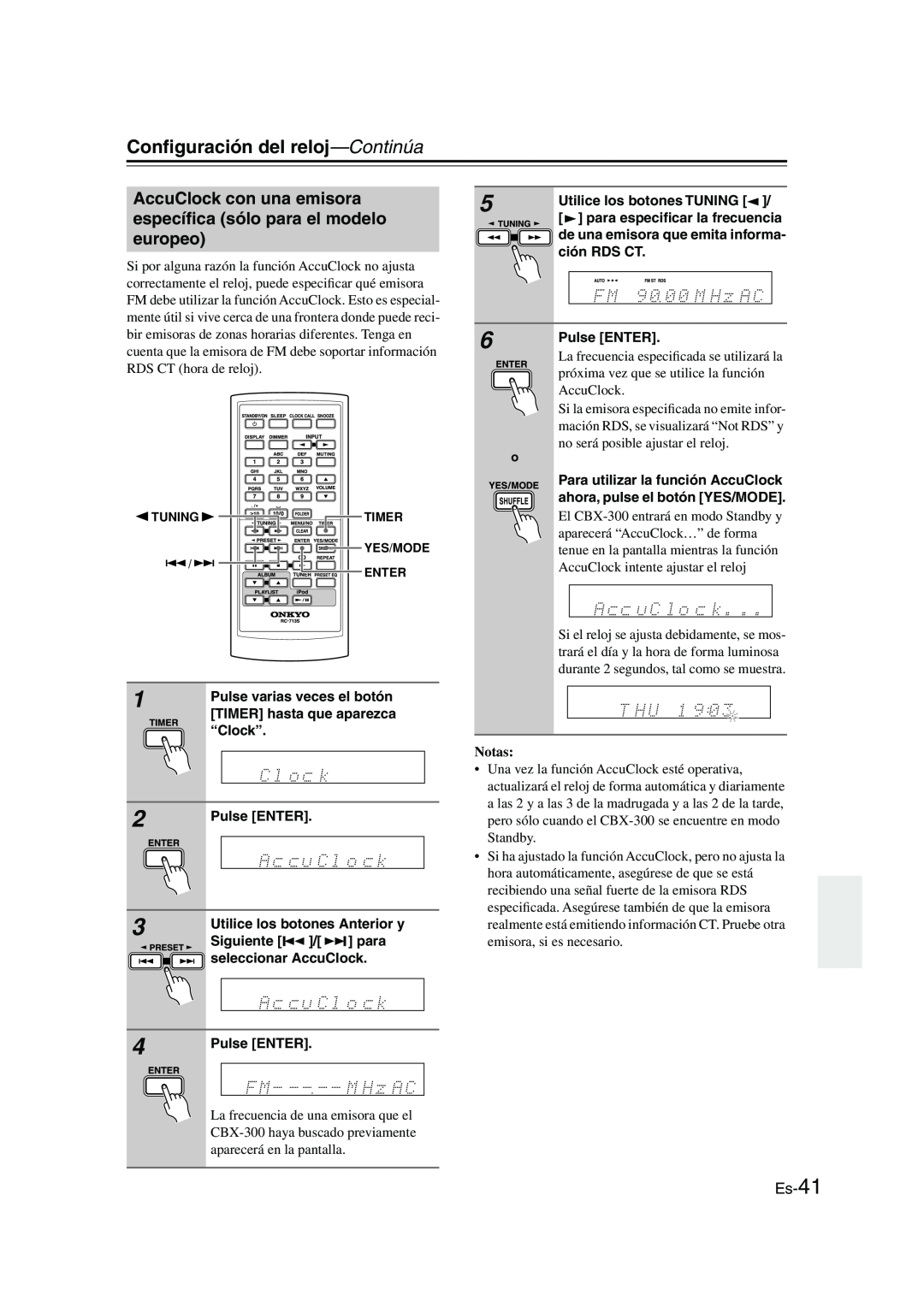 Onkyo CBX-300 instruction manual Conﬁguración del reloj—Continúa, Es-41, Pulse ENTER, Notas 