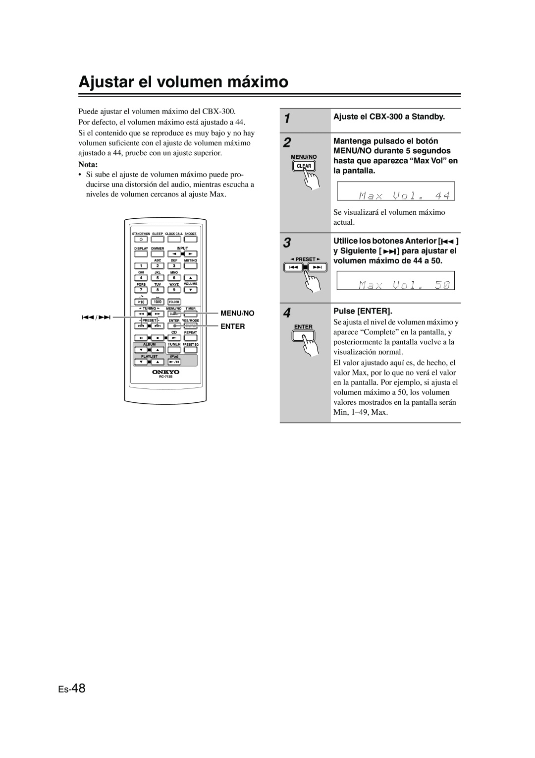 Onkyo CBX-300 instruction manual Ajustar el volumen máximo, Es-48, Nota 