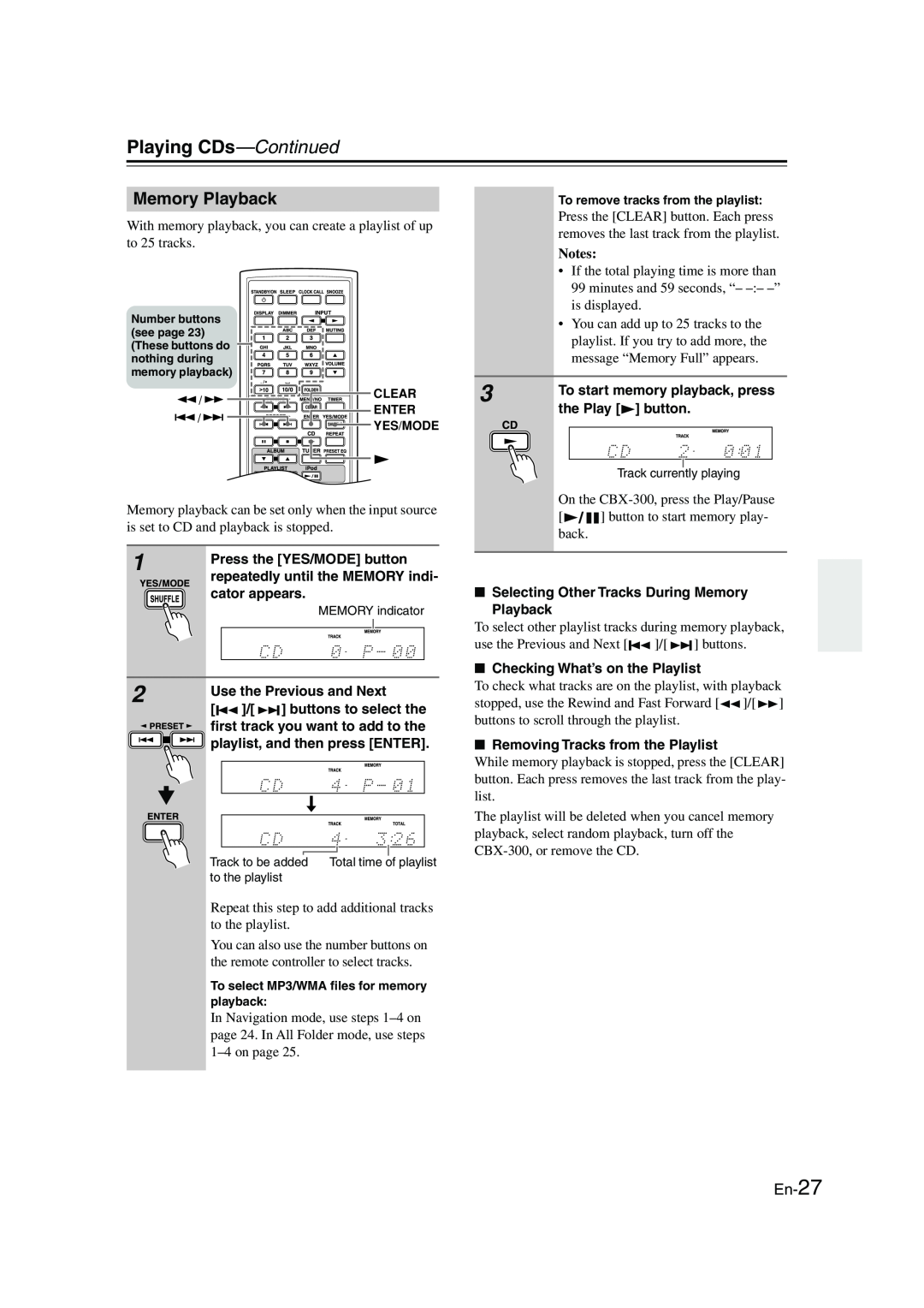 Onkyo CBX-300 instruction manual Memory Playback, En-27, Playing CDs—Continued, Notes 