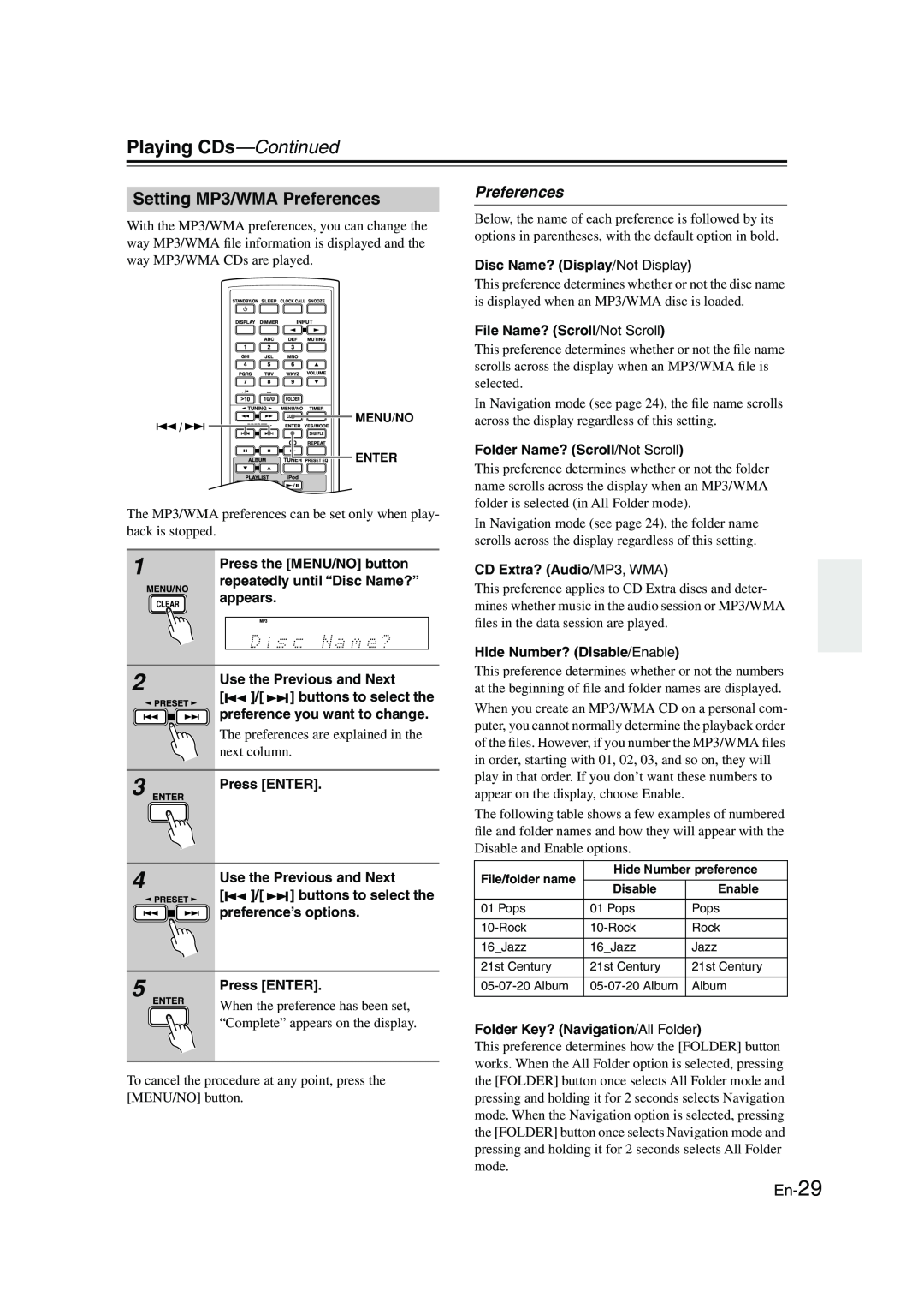 Onkyo CBX-300 instruction manual Setting MP3/WMA Preferences, En-29, Playing CDs—Continued 