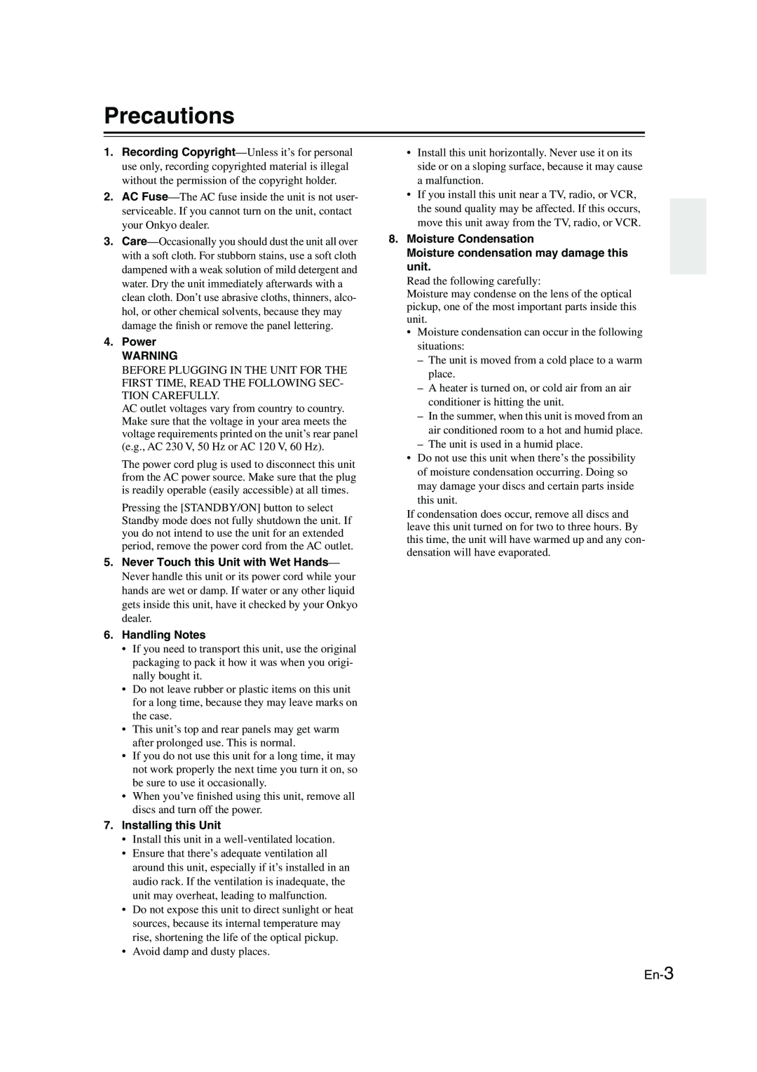 Onkyo CBX-300 instruction manual Precautions, En-3 