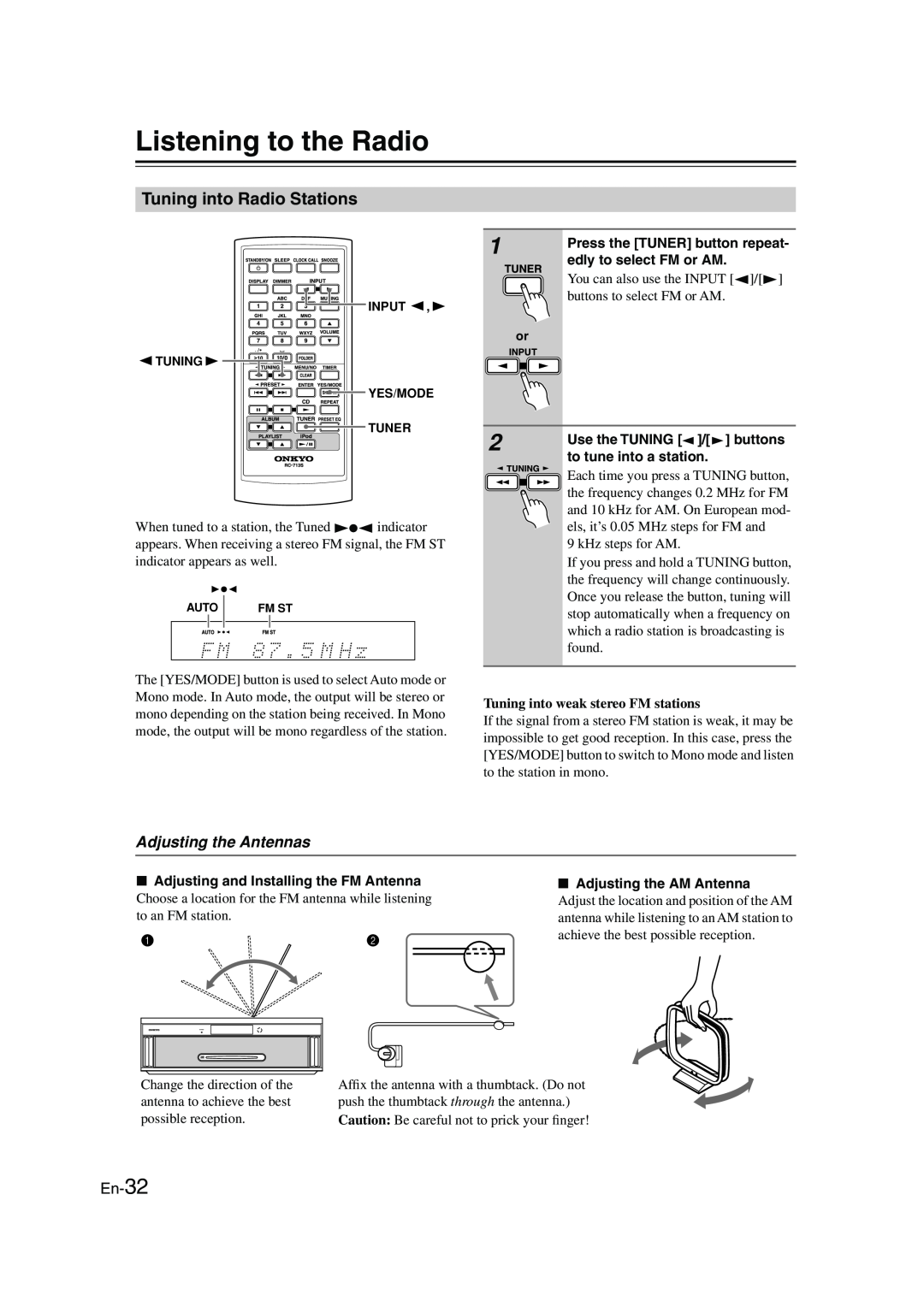 Onkyo CBX-300 instruction manual Listening to the Radio, Tuning into Radio Stations, Adjusting the Antennas, En-32 