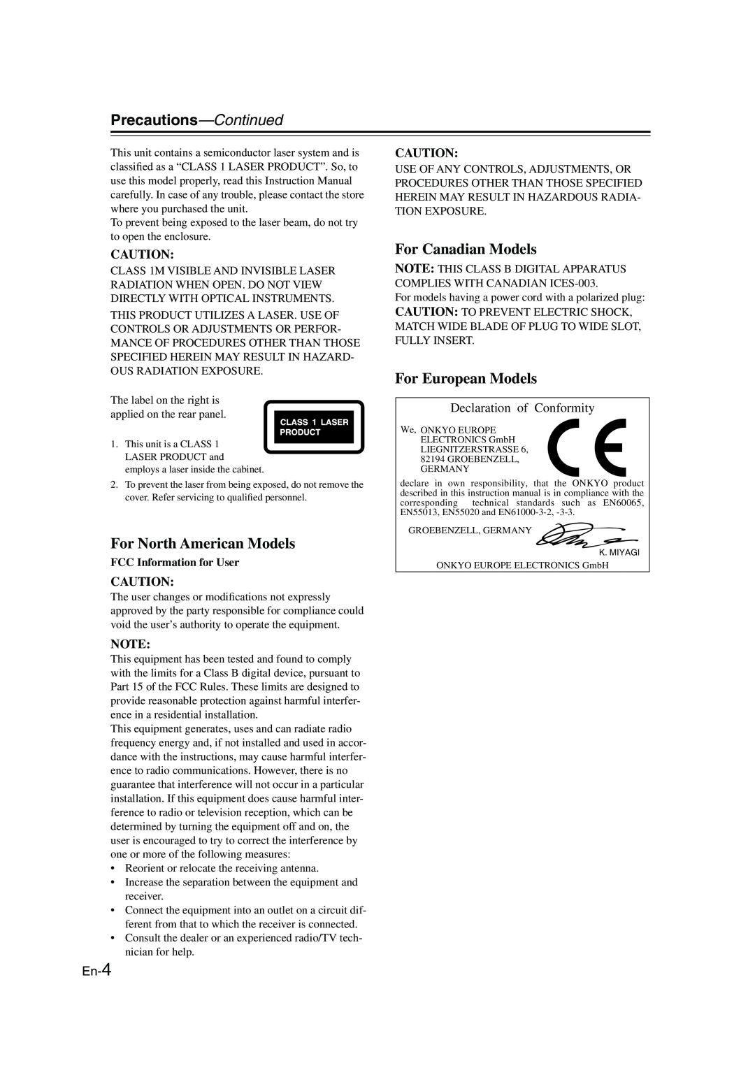 Onkyo CBX-300 Precautions—Continued, For North American Models, For Canadian Models, For European Models, En-4 