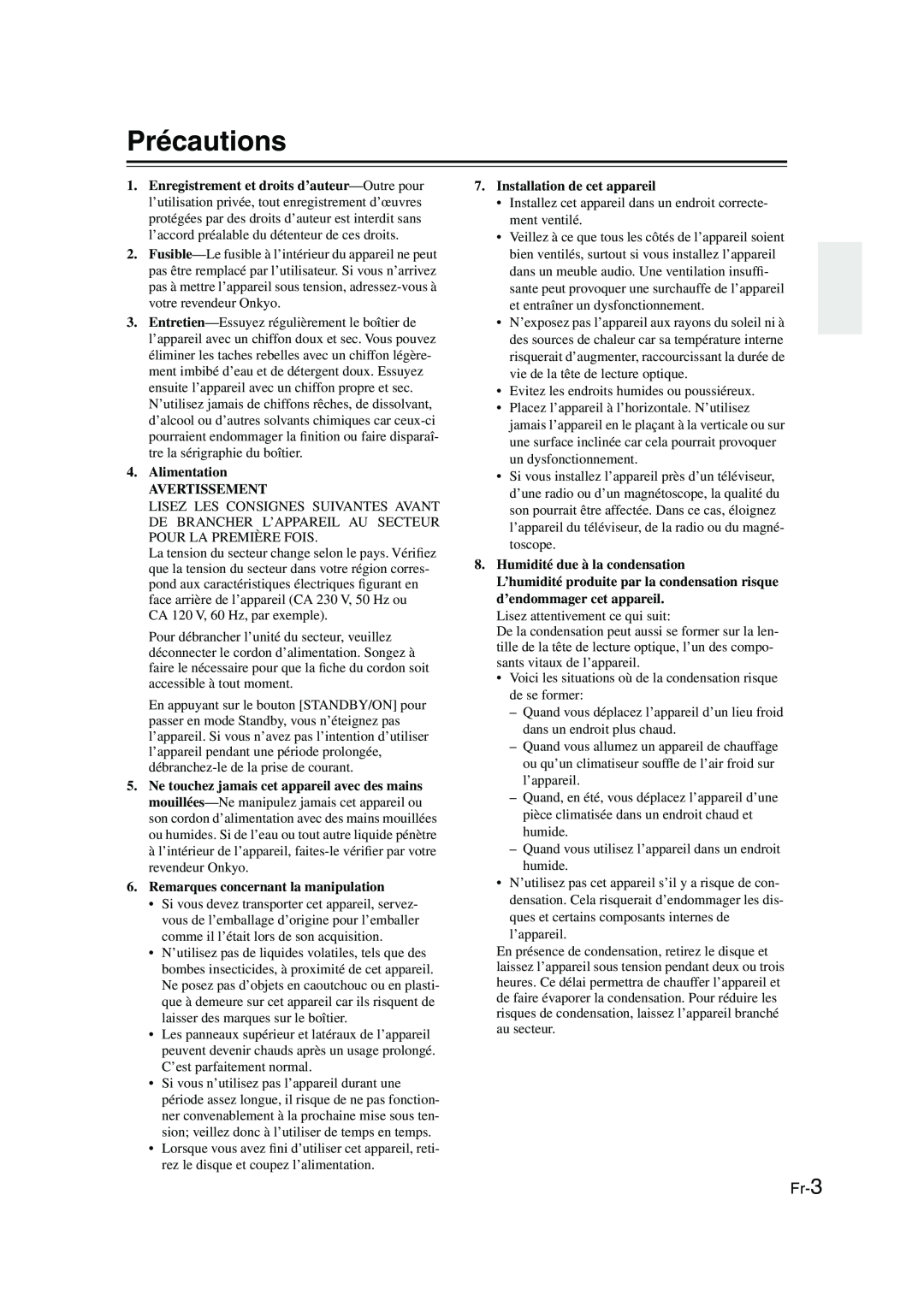 Onkyo CBX-300 instruction manual Précautions, Fr-3, Alimentation AVERTISSEMENT, Remarques concernant la manipulation 