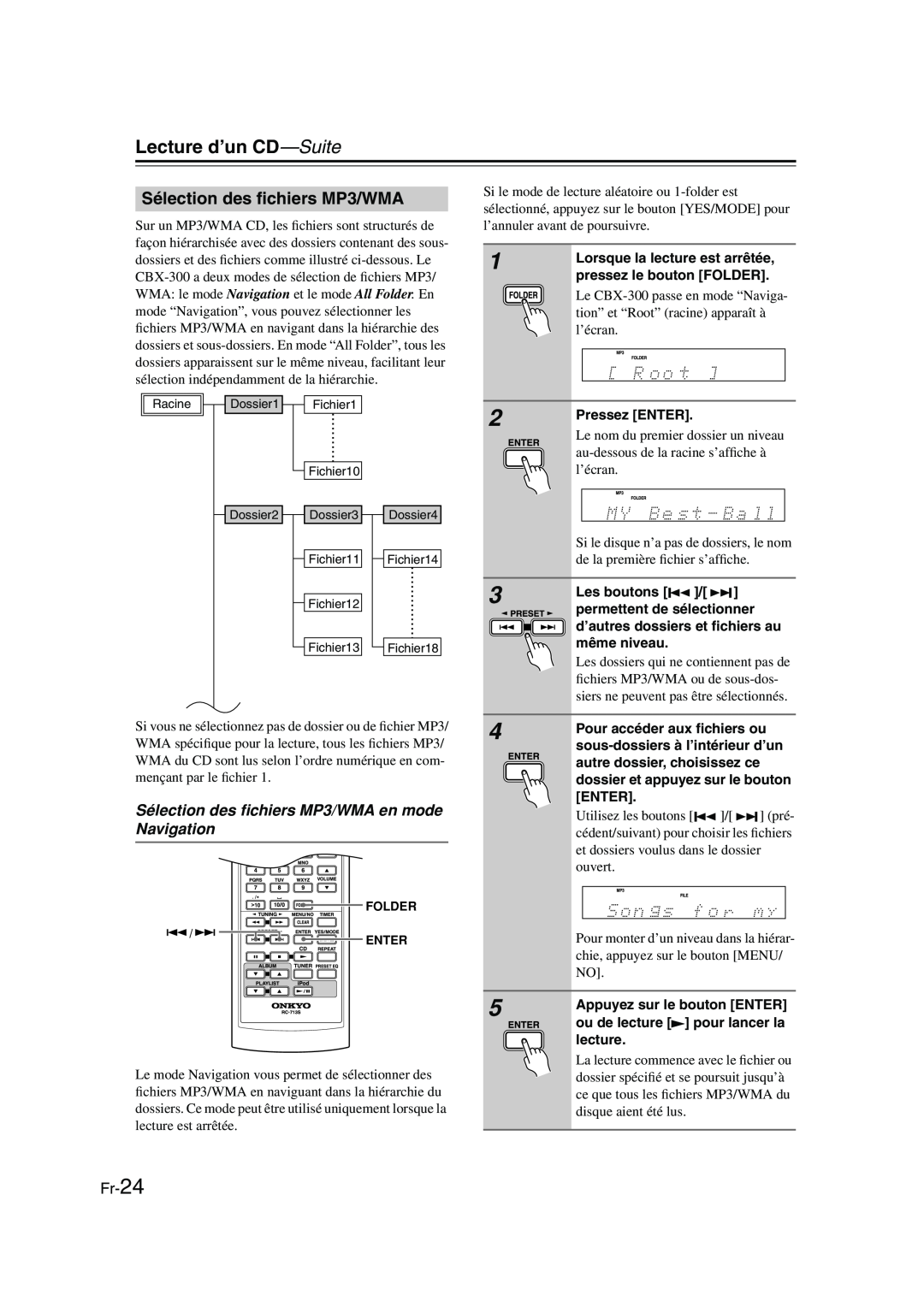 Onkyo CBX-300 instruction manual Sélection des ﬁchiers MP3/WMA en mode Navigation, Fr-24, Lecture d’un CD—Suite 