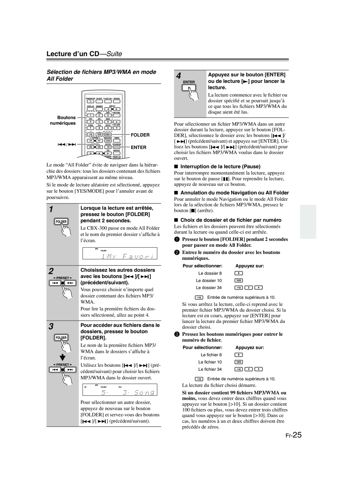 Onkyo CBX-300 instruction manual Sélection de ﬁchiers MP3/WMA en mode All Folder, Fr-25, Lecture d’un CD—Suite 
