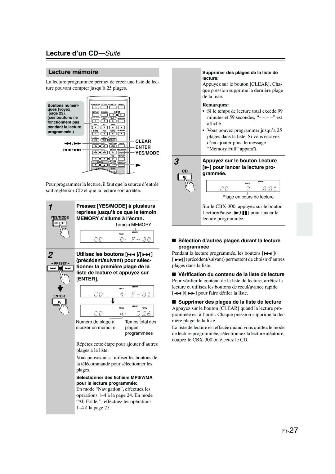 Onkyo CBX-300 instruction manual Lecture mémoire, Fr-27, Lecture d’un CD—Suite, Remarques 