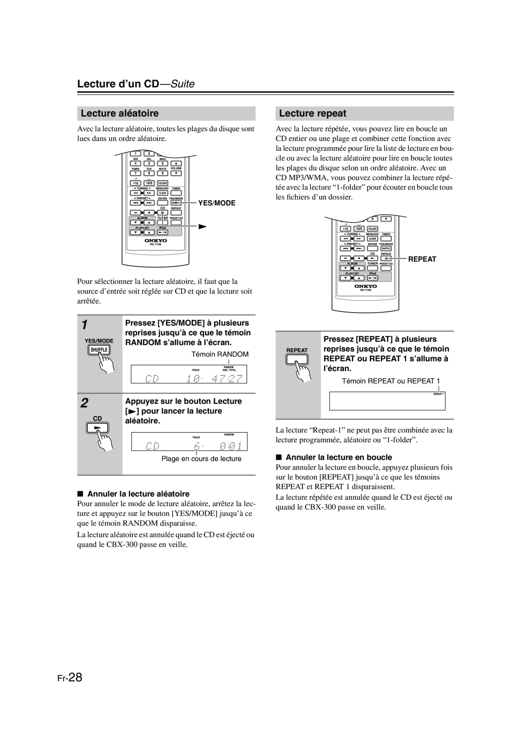 Onkyo CBX-300 instruction manual Lecture aléatoire, Lecture repeat, Fr-28, Lecture d’un CD—Suite 