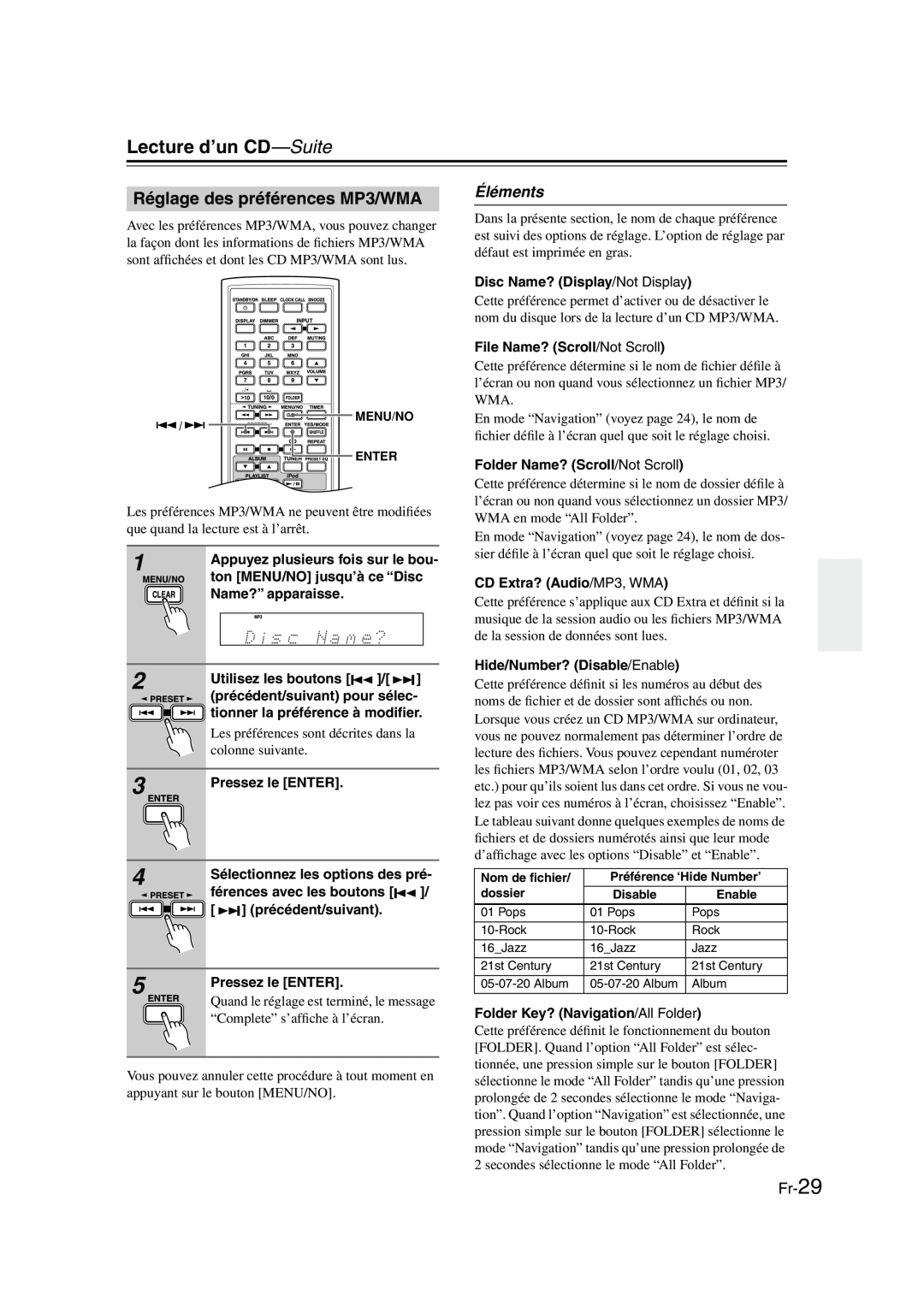 Onkyo CBX-300 instruction manual Réglage des préférences MP3/WMA, Éléments, Fr-29, Lecture d’un CD-Suite 