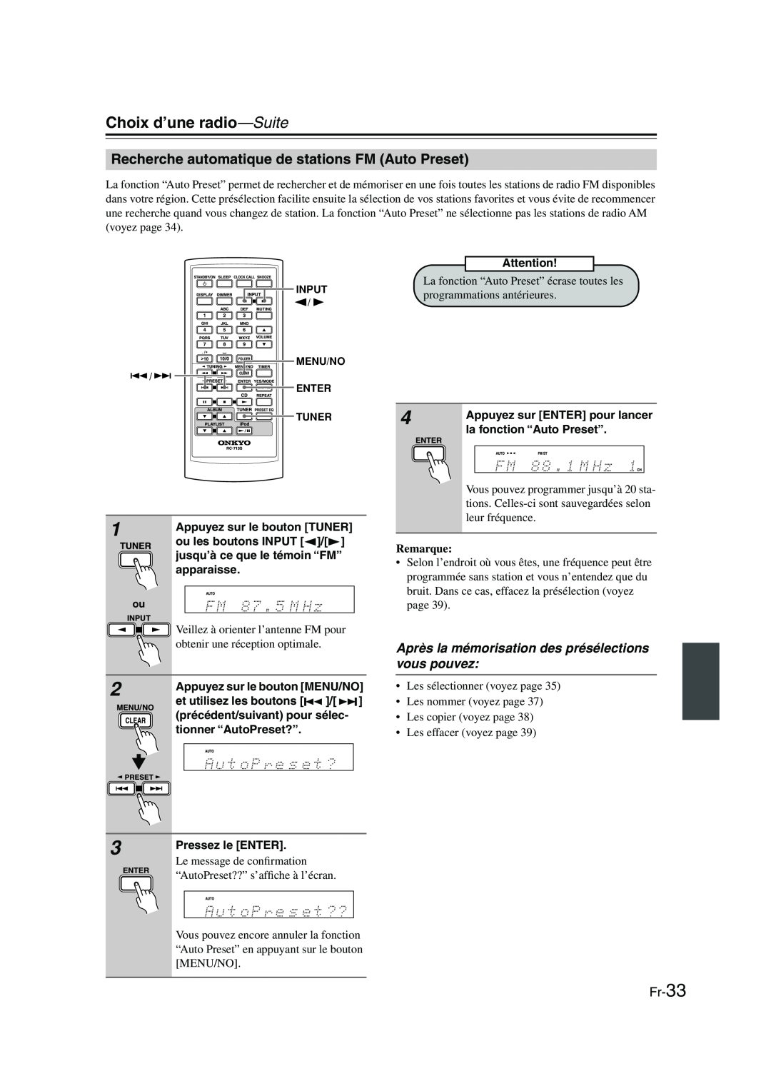 Onkyo CBX-300 instruction manual Choix d’une radio—Suite, Recherche automatique de stations FM Auto Preset, Fr-33, Remarque 
