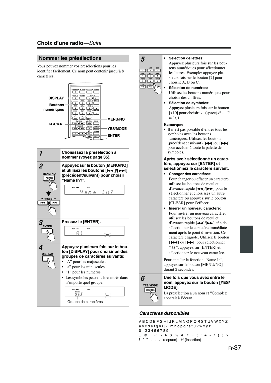 Onkyo CBX-300 instruction manual Nommer les présélections, Caractères disponibles, Fr-37, Choix d’une radio—Suite, Remarque 