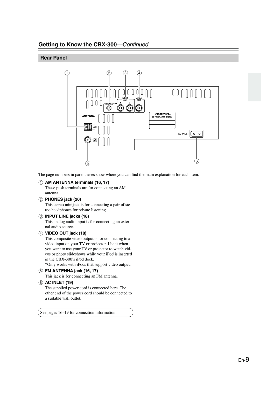 Onkyo instruction manual Rear Panel, En-9, Getting to Know the CBX-300—Continued 