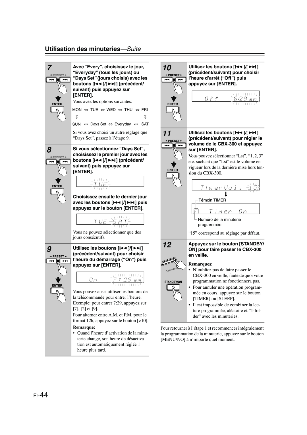 Onkyo CBX-300 instruction manual 7 8 9, Fr-44, Utilisation des minuteries—Suite, Remarques 