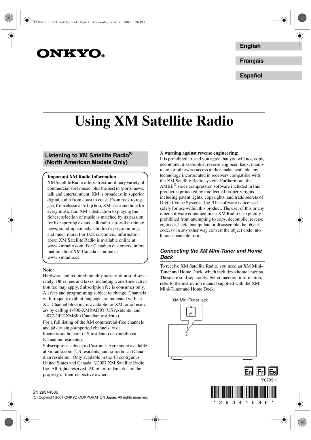 Onkyo CNP-1000 instruction manual Connecting the XM Mini-Tuner and Home Dock, Important XM Radio Information 