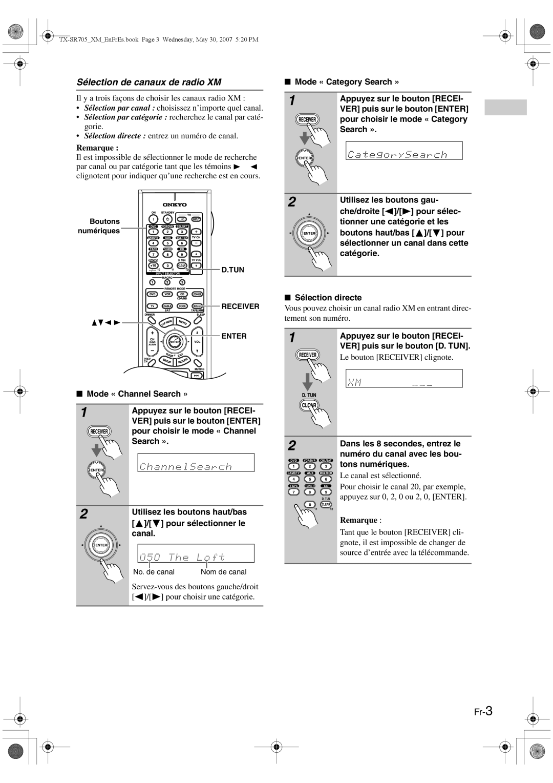 Onkyo CNP-1000 instruction manual Sélection de canaux de radio XM, Fr-3 