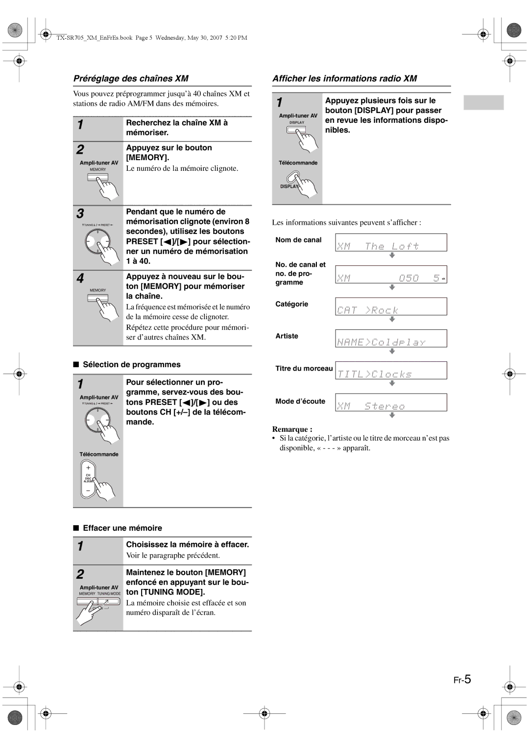 Onkyo CNP-1000 instruction manual Préréglage des chaînes XM, Afficher les informations radio XM, Fr-5 