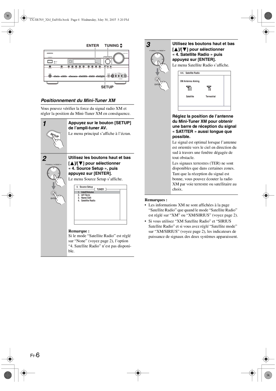 Onkyo CNP-1000 instruction manual Positionnement du Mini-Tuner XM, Fr-6, « 4. Source Setup », puis, Appuyez sur Enter 