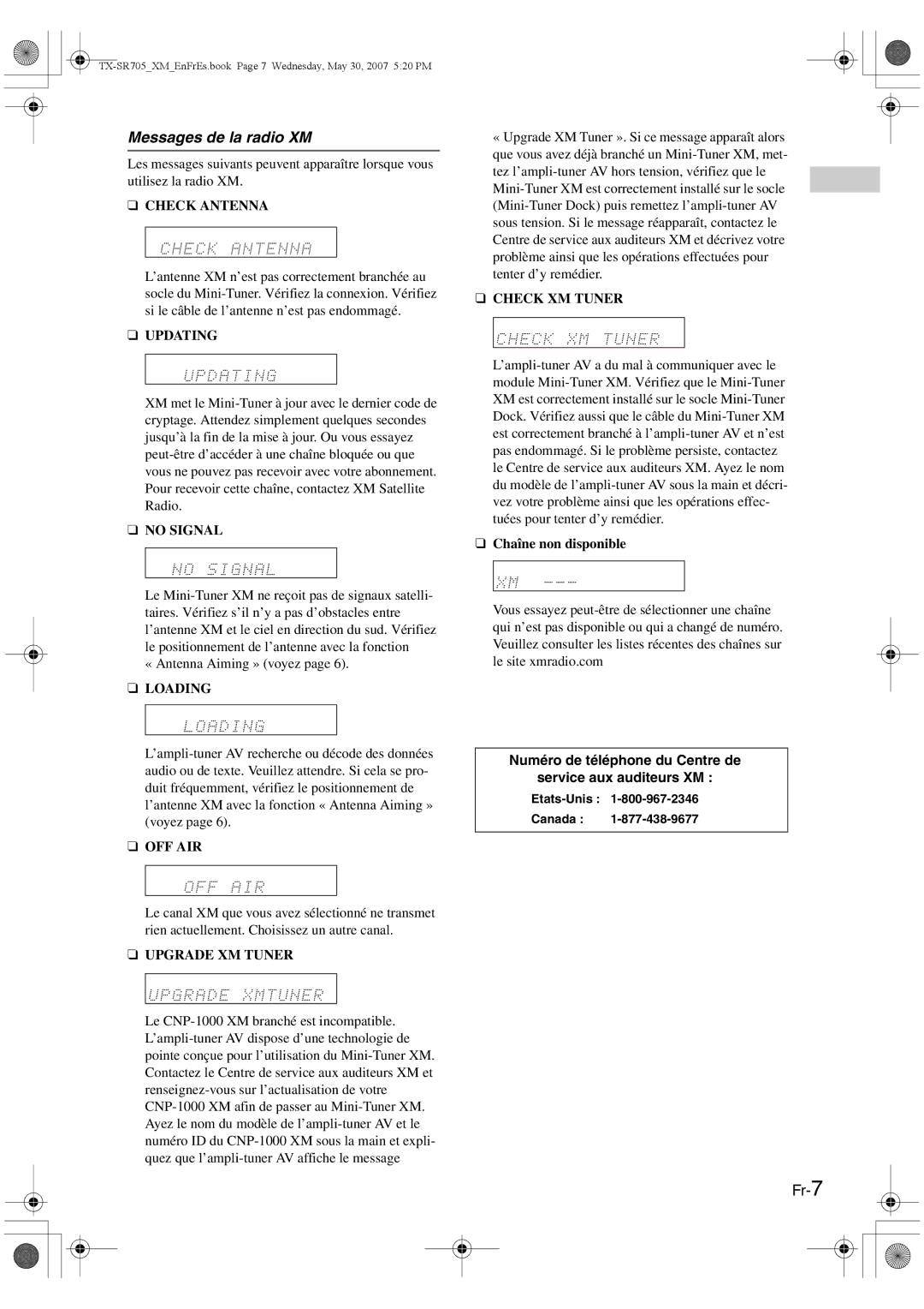 Onkyo CNP-1000 instruction manual Messages de la radio XM, Fr-7, Chaîne non disponible 