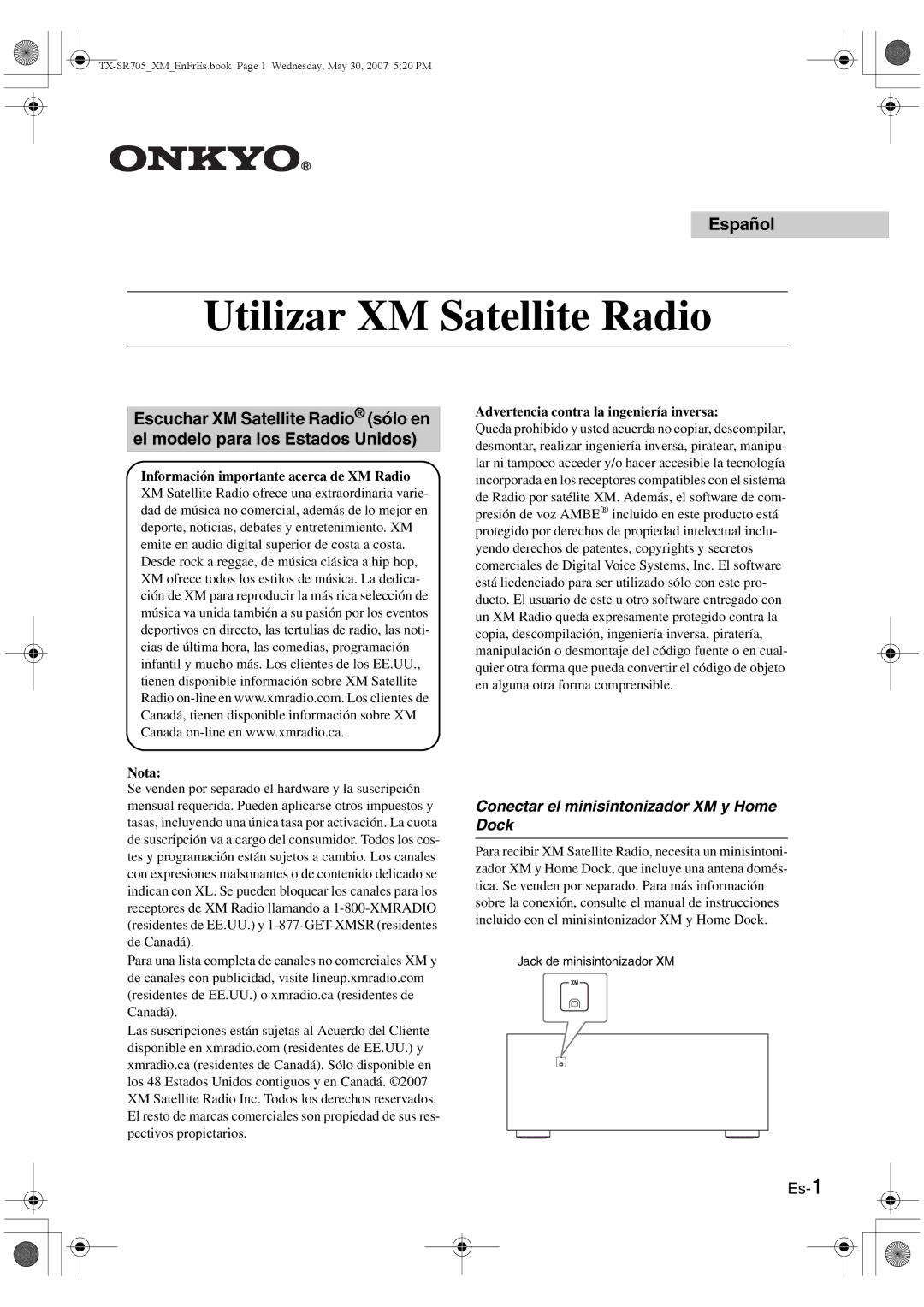Onkyo CNP-1000 Conectar el minisintonizador XM y Home Dock, Es-1, Información importante acerca de XM Radio Nota 