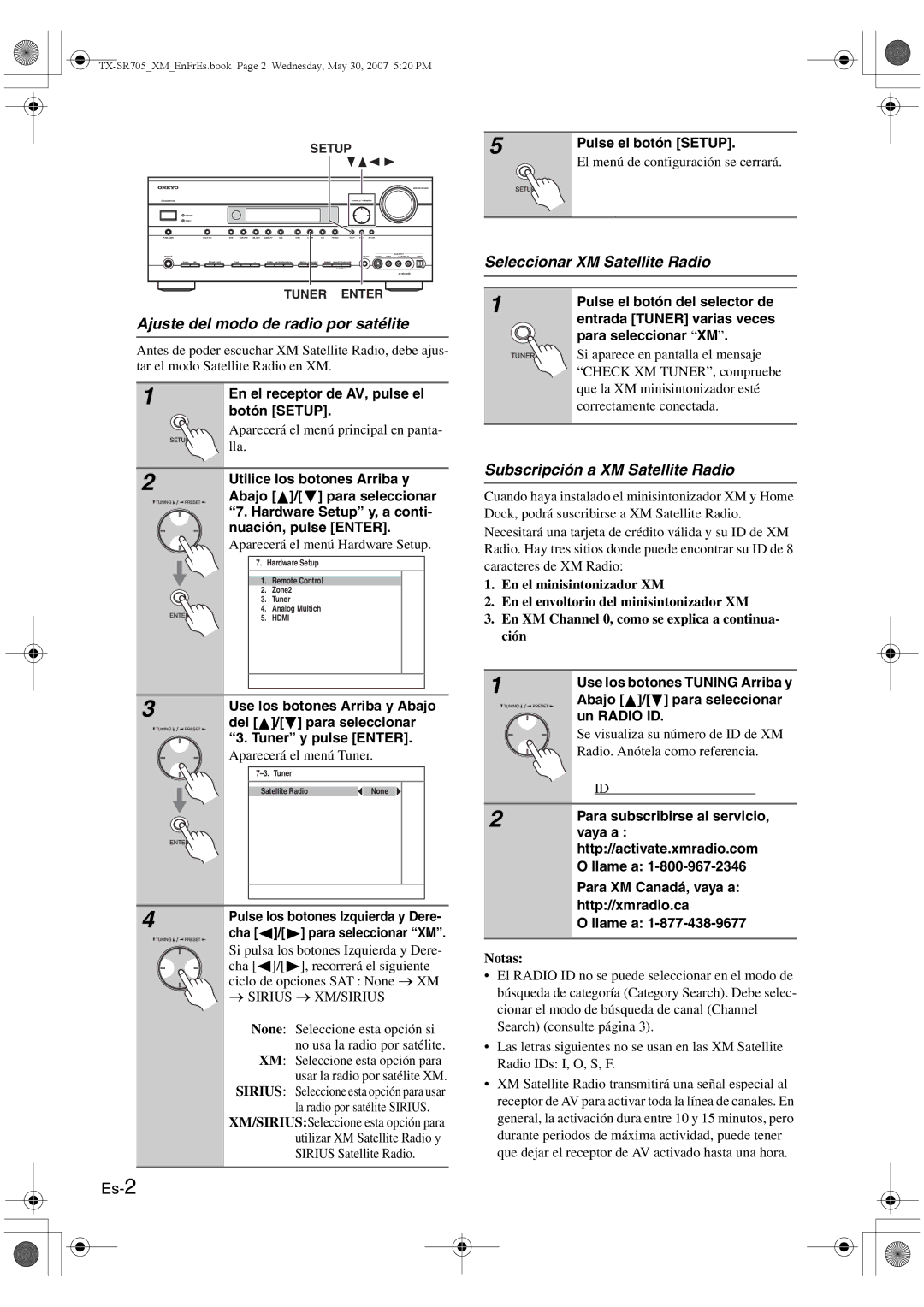Onkyo CNP-1000 Ajuste del modo de radio por satélite, Seleccionar XM Satellite Radio, Subscripción a XM Satellite Radio 